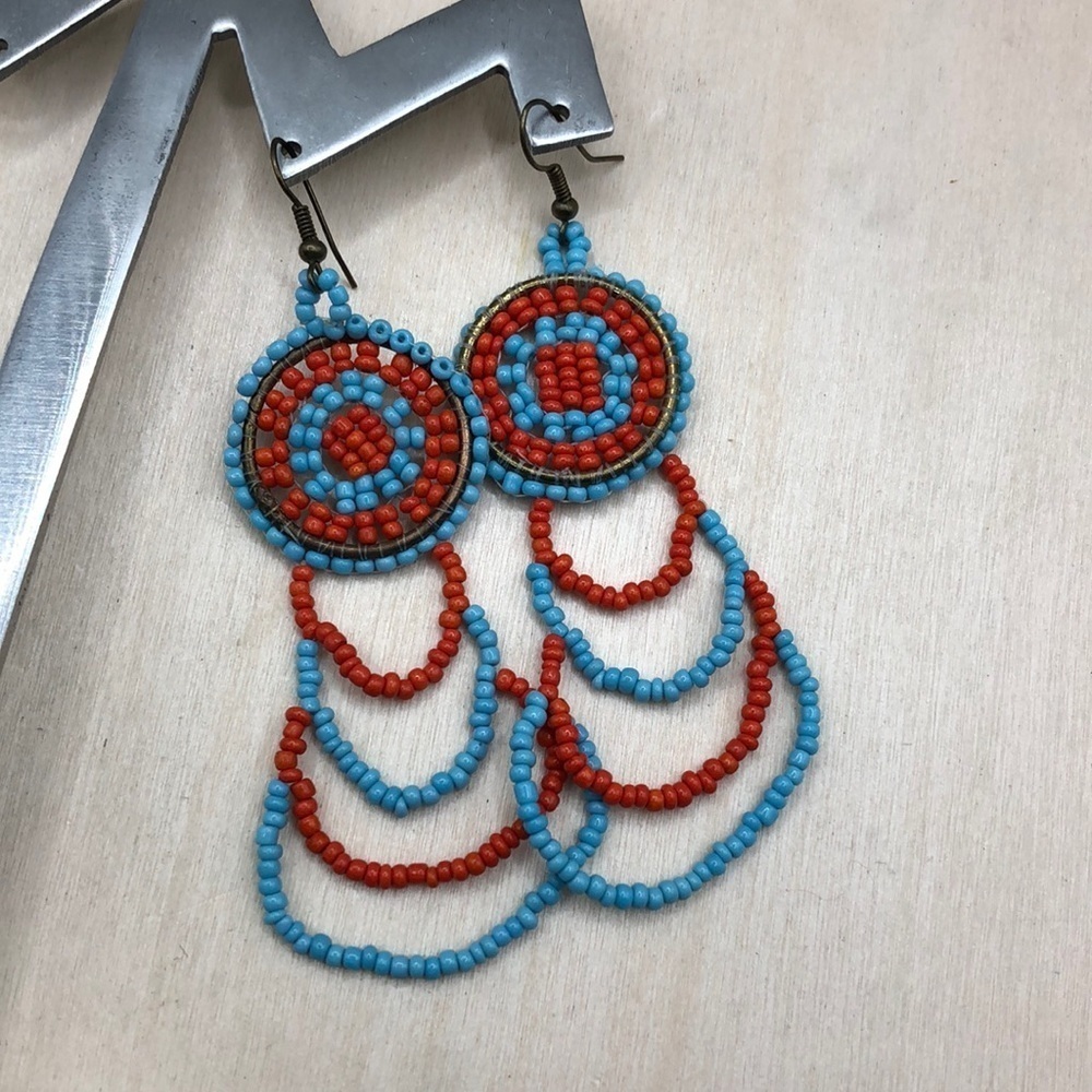 Handmade Artisan Southwestern Earrings Long Beaded Boho Festival Free Spirit